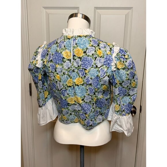 Batsheva Blue Floral Ruffle Puff Sleeve Cropped Top, Size 8 - Picture 5 of 8